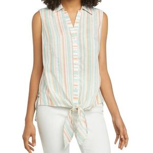 Foxcroft Tie-Waist Stripe Button-Down Top 22W